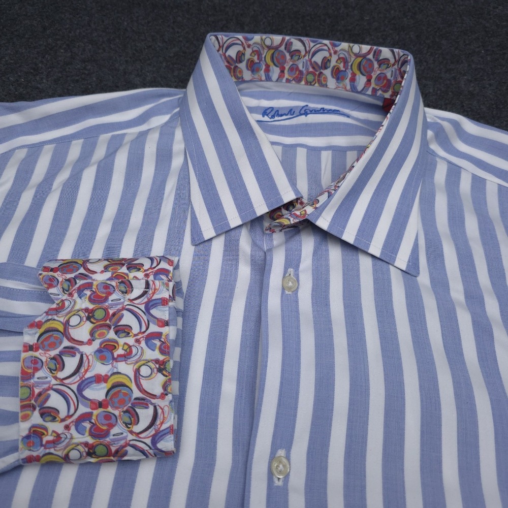 Robert Graham Mens XXL Blue Striped Flip Cuff Abstract Modern Button Up‎ Shirt